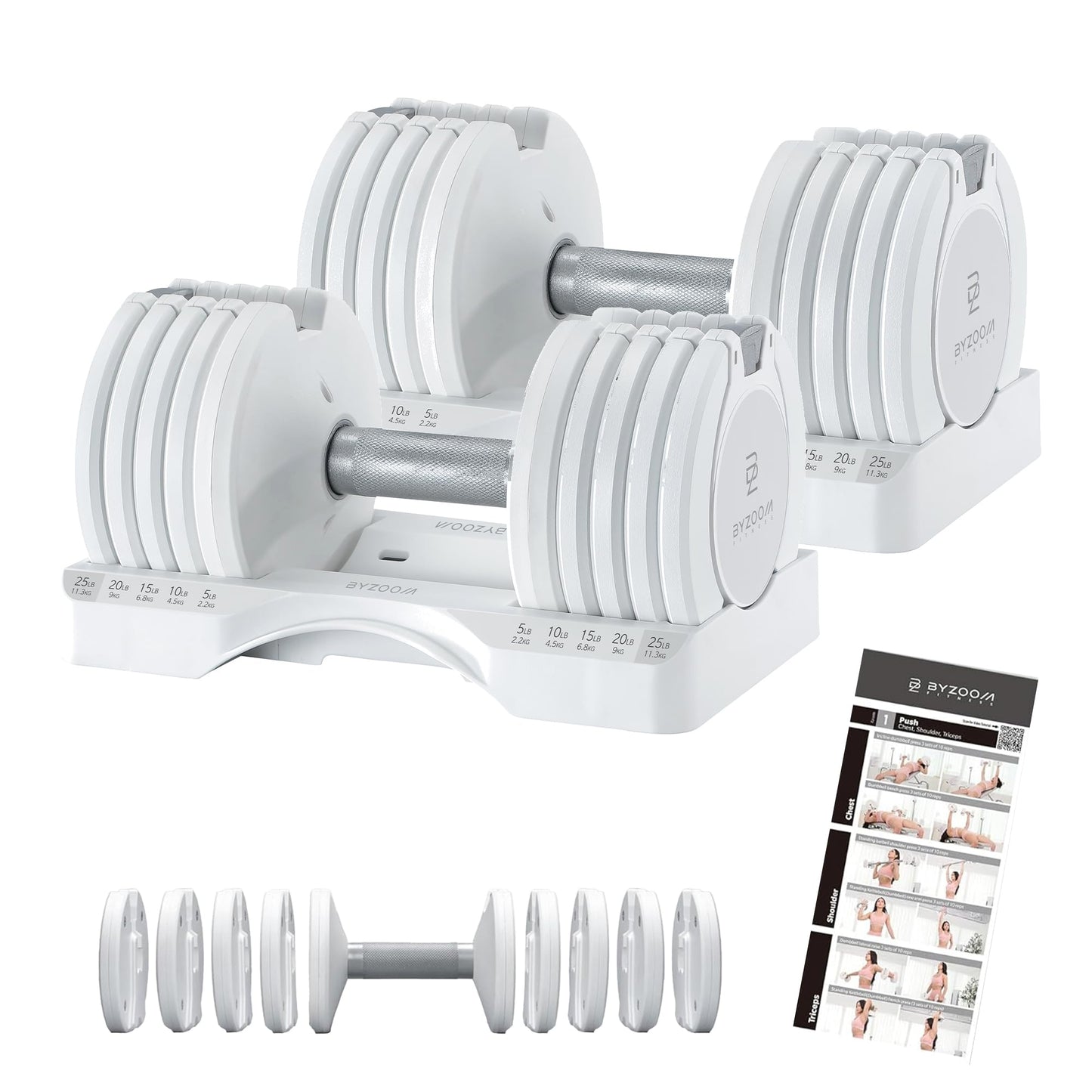 BYZOOM FITNESS Pure Series Adjustable Dumbbell - 12.5/25/27.5/75lb - ONE UNIT OR PAIR(check QTY before purchase) - 5-in-1/ 10-in-1 / 21-in-1 Flexible Hand Weights for Home Gym, Strength Training & Fitness Workouts, White OR Black