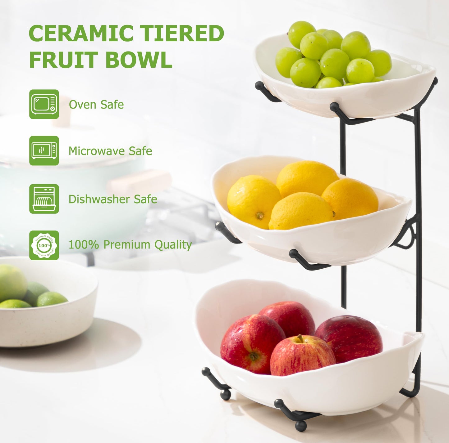 HBlife Fruit Bowl for Kitchen Counter - 3 Tier Ceramic Fruit Rack, Fruit Basket for Fresh Fruit&Veggies, Tiered Fruit Platter Serving Trays for Party