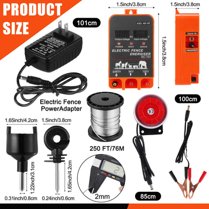 MorningRo 2J Electric Fence Charger with Digital Display & Alarm, AC/DC Dual Power, 12V Input 8KV/12KV Output, 250ft Aluminum Wire 50 Insulators & Socket Tool for Fence Boundary Applications