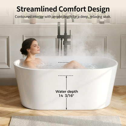 DeerValley 55" Acrylic Freestanding Bathtub, Deep Soaking Tub with Center Drain & Integrated Overflow, White Standalone Shower Tub Ergonomic Design, DV-1T0582