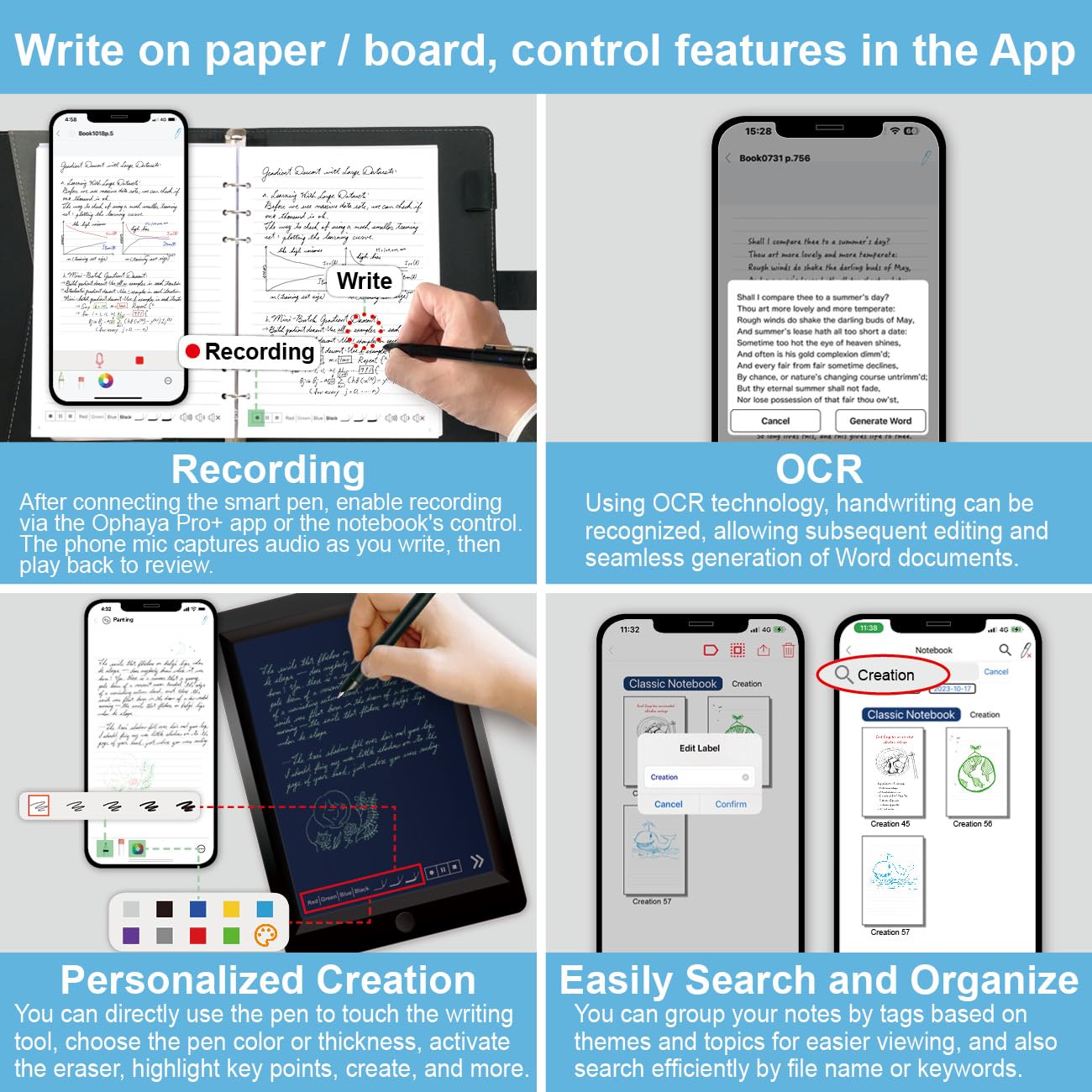 Ophayapen Digital Smart Pen Notebook and Writing Board Set, Real-time Sync for Digitizing, Convert to Text,Storing, and Sharing Paper Notes, Compatible with Smartphone (Android and iOS)