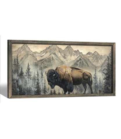 Wildlife Wall Art Framed Decor: Wild Animal Wood Print Decoration Buffalo Bison Picture Rustic Nature Woodland Painting Artwork for Cabin Bathroom Living Room 24 x 12 Inch