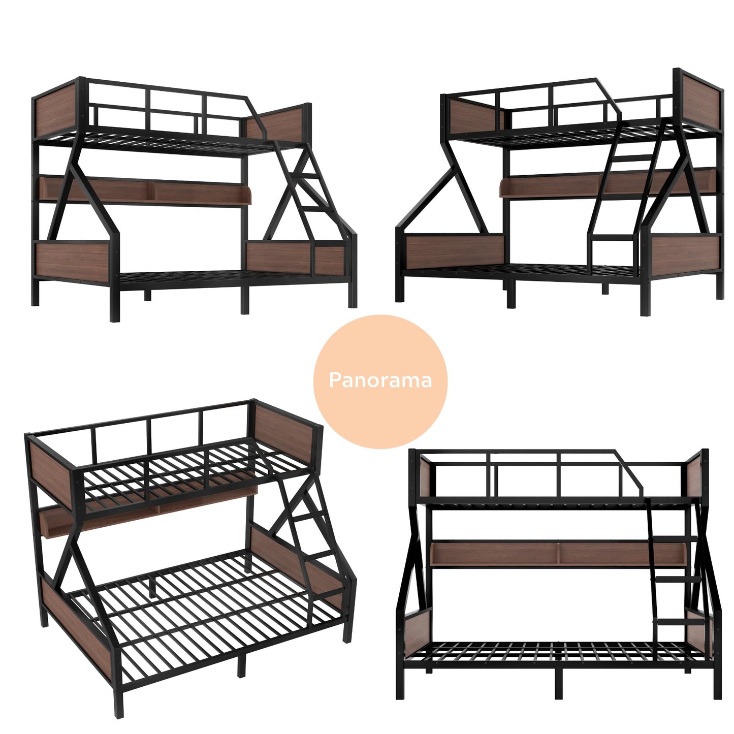 Bellemave Twin XL Over Queen Bunk Bed with Shelves, Metal Bunk Beds with Ladders and Lights, Heavy-Duty Bunkbed for Bedrooms, Guest Rooms and Dorms, No Box Spring Needed and Noise-Free Design, Black