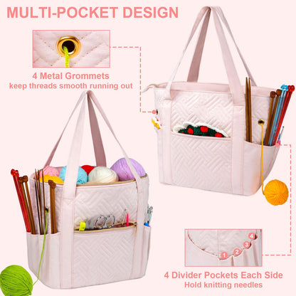 Veirdro Crochet Bag Organizer for Yarn Storage, Velvet Knitting Tote Bag with Double Handle for Crochet Accessories, Portable Travel Case for Yarn Balls, Crochet Hooks& Knitting Needles Holder (Pink)