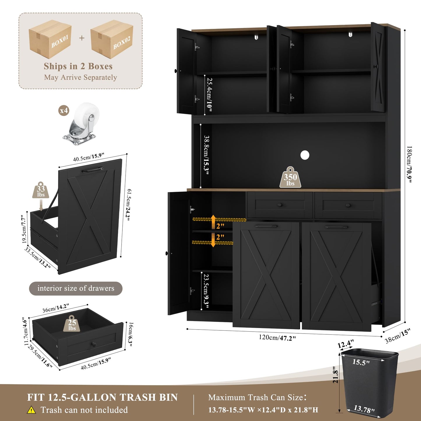 HOSTACK 71" H Kitchen Trash Can Hutch Cabinet, 12.5 Gallon Double Pull Out Garbage Can Hutch Cabinet with Trash Bin Storage Holders, 47" Wide Kitchen Pantry with Hidden Garbage Storage, Black