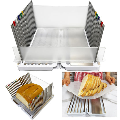 Stainless Steel Bread Slicer for Homemade Bread, Bread Slicing Guide with 20 Liners, 2 Thickness Cutting Guide with Crumb Tray, Bread Loaf Cutter Adjustable Width, for Sourdough, Meats, Deli