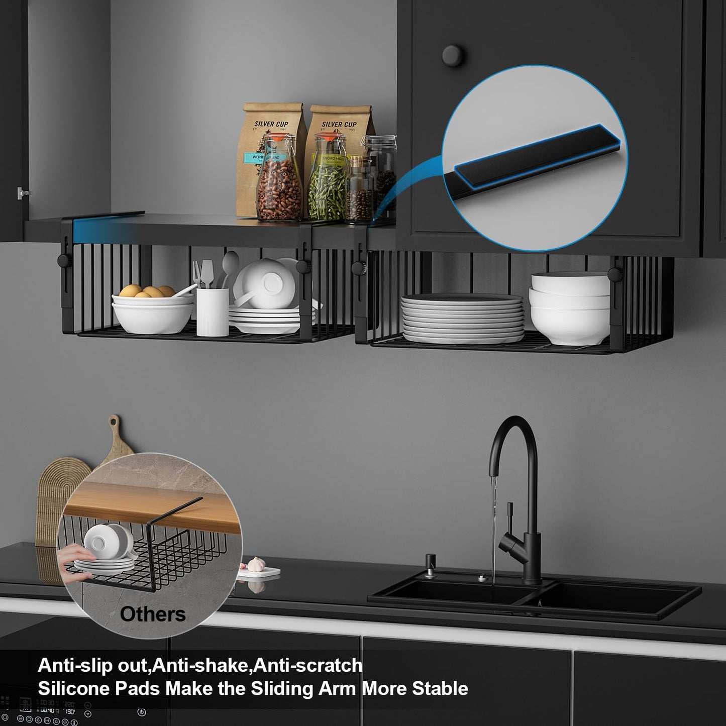 AmonHouseware 2Pack Under Shelf Basket Organizer,Adjustable Hanging Holder Storage for Cabinet Pantry Kitchen Cupboard Desk Counter Bookshelf Organization Add-on Space Saver Heavy Duty Slide-in,Black