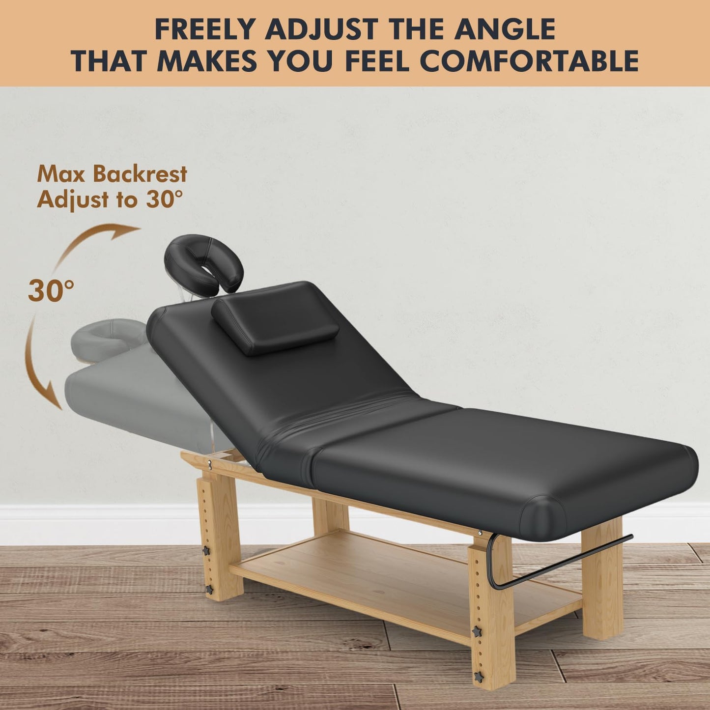 Heavy Duty Massage Table, Wooden Stationary Spa Bed with Adjustable Height & Backrest, PU Leather Professional Physical Therapy Facial Table with Face Pillow, Storage Shelf,1500 LBS Capacity