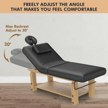 Heavy Duty Massage Table, Wooden Stationary Spa Bed with Adjustable Height & Backrest, PU Leather Professional Physical Therapy Facial Table with Face Pillow, Storage Shelf,1500 LBS Capacity