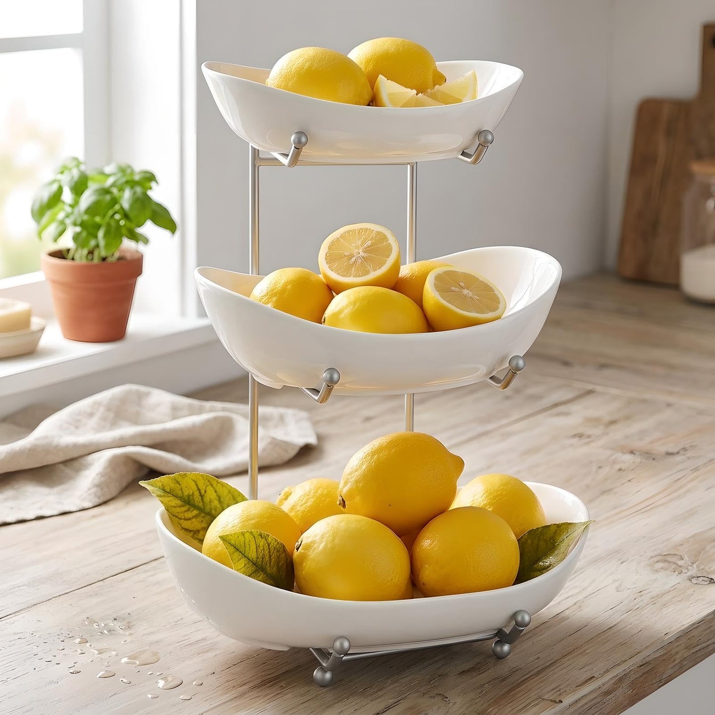 MEIGLQEA 3 Tier Fruit Basket for Kitchen Counter, Silver/White Ceramic Fruit Bowl for Countertop, Home Fruit Rack with Holder, Vegetable Bowl Snacks Nuts Bread Candy Storage (White)
