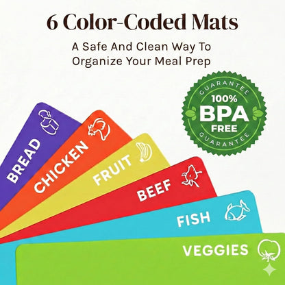 Cooler Kitchen Bamboo Wood Cutting Board Set with 6 Color Coded Flexible Plastic Chopping Mats with Food Icons, Wooden Cutting Boards for Kitchen, Wooden Chopping Board Non Toxic Dishwasher Safe