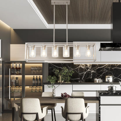 XILICON Dining Rooms Brushed Nickel Chandeliers,Kitchen Island Farmhouse Lighting Fixture Industrial Rustic Ceiling Hanging 6 Light Modern Pendant Light with Glass Shade