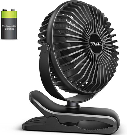 BESKAR Portable Clip on Fan, Rechargeable, 4 Speeds Small Battery Operated Fan, USB Desk Fan with Strong Airflow