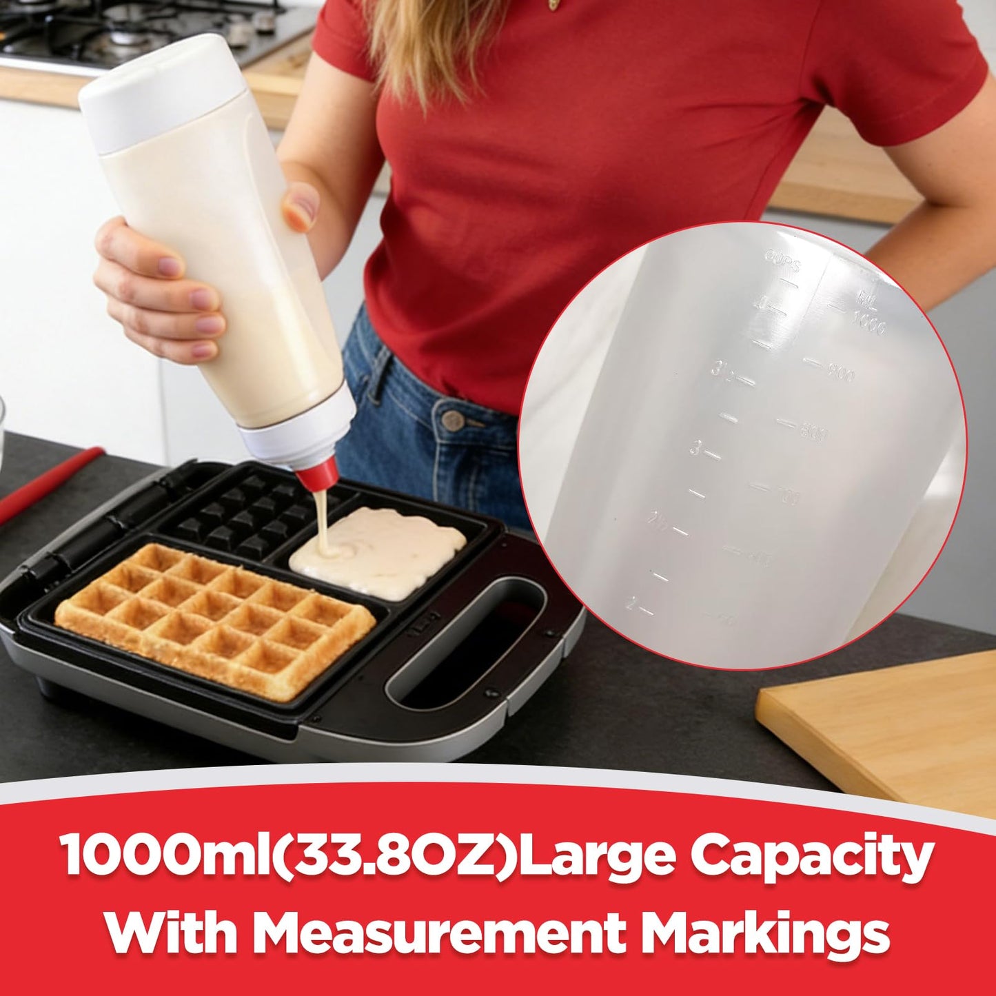 VEOOK 2-Pack Batter Dispenser with Whisk Ball, 1000ml Leak-Proof Squeeze Bottle with Stand for Pancakes, Waffles, Cupcakes & Crepes(PD-01)