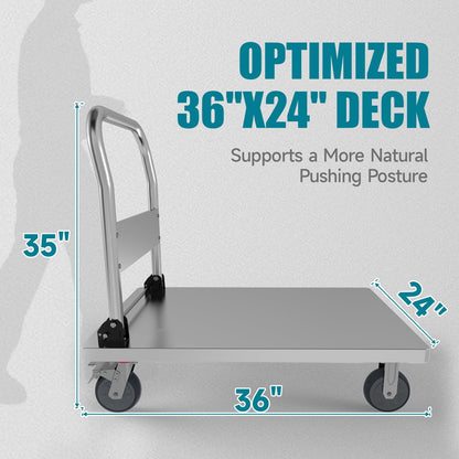 PHEXOD 36" x 24" Heavy Duty Steel Platform Truck, 2200 lb Capacity Folding Flatbed Push Cart with One-Piece Bent Frame, Reinforced Undercarriage, 6" TPR Wheels for Warehouse & Commercial Use