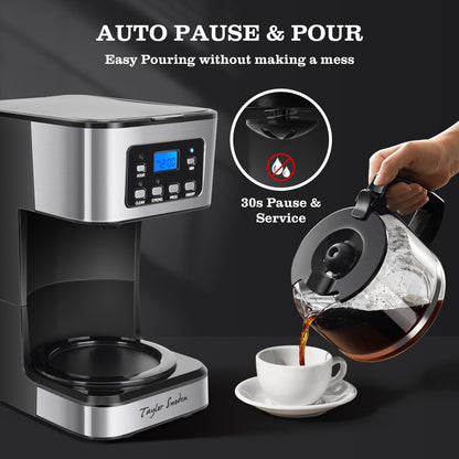 Taylor Swoden 12-Cup Programmable Coffee Maker, Regular & Strong Brew Drip Coffee Machine for Home and Office, Glass Carafe, Pause & Serve, Auto Shut Off, Black & Stainless Steel