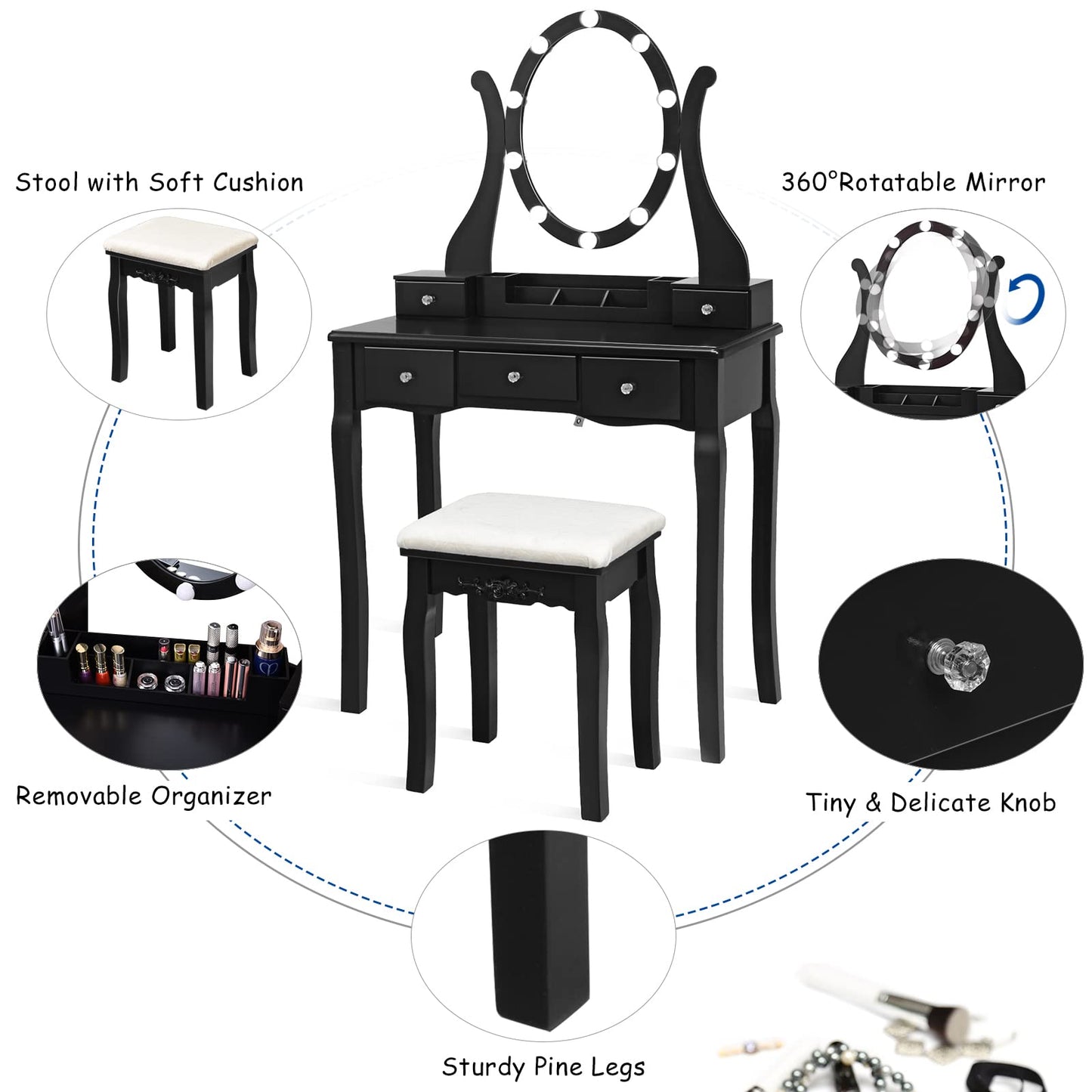 LDAILY Vanity Set with 10 Dimmable LED Bulbs, Vanity Desk with Rotating Lighted Mirror, Cushioned Stool & 5 Drawers, Modern Easy Assembly Bedroom Dressing Table for Girls Women (Black)