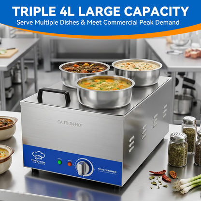 TOPKITCH ETL Listed Commercial 12L Soup Warmer with 3×4L Pot Buffet Bain Marie,Commercial Electric Food Warmer-120V 200W, Seamless One-Piece Tank, 30-85℃ Adjustable Temp Range.