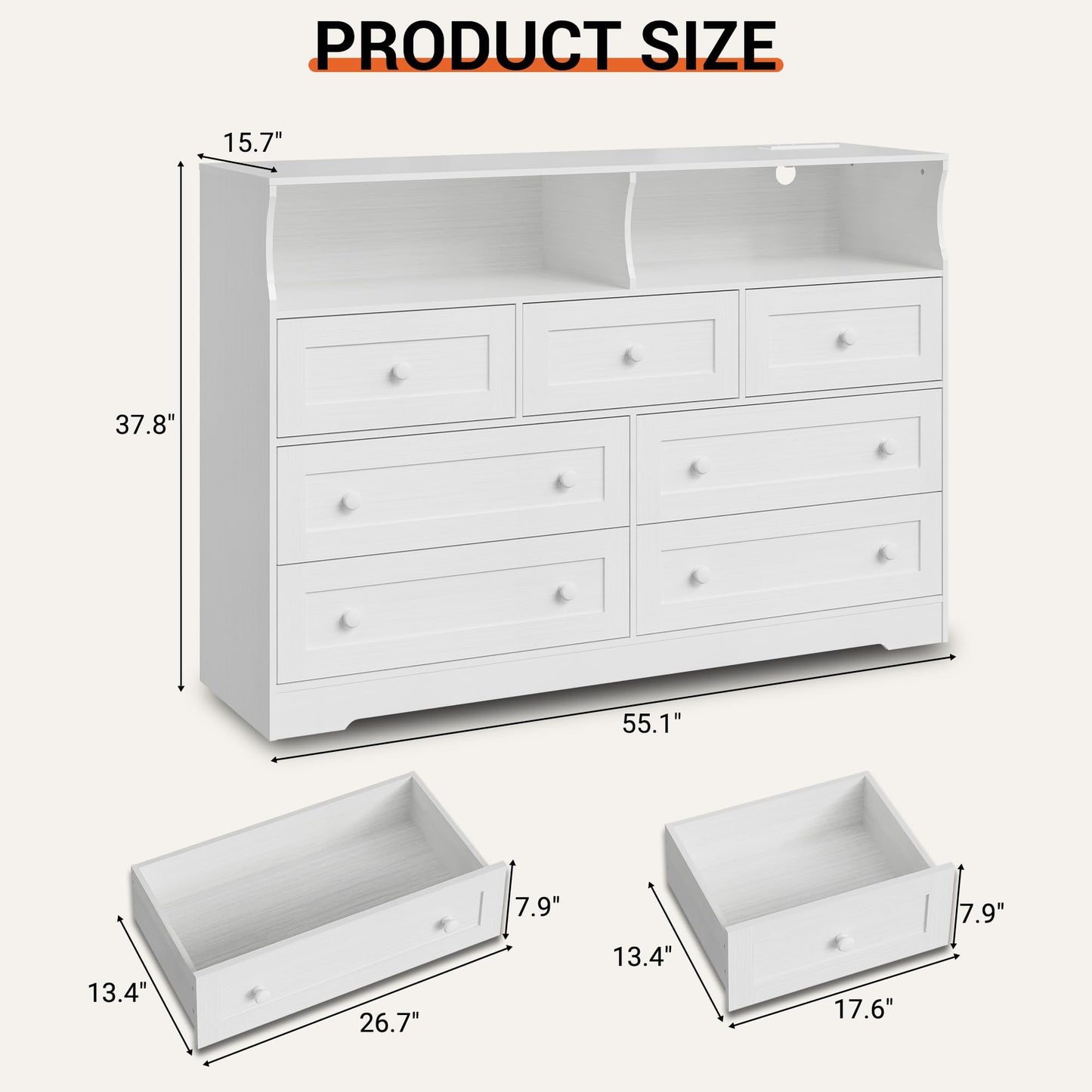 IDEALHOUSE Dresser for Bedroom with 7 Drawers, LED Lights & Charging Station, Wooden Chest with 2 Open Compartments, Freestanding Storage Organizer for Closet, Nursery, Entryway, White