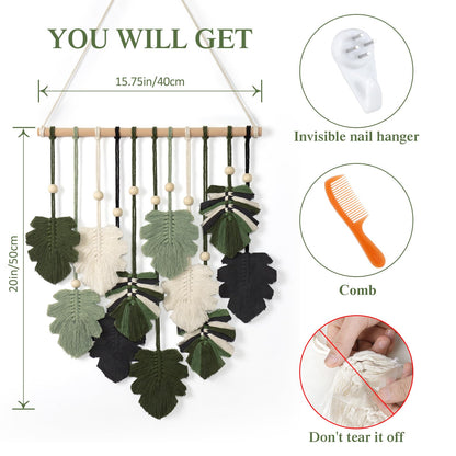 KHOYIME Macrame Wall Hanging Boho Home Decor, Bohemian Leaves Woven Yarn Tapestry Chic Aesthetic Wall Art Modern Handmade Leaf Hanging Decoration for Bedroom Living Room Nursery Office 15.7''W x 20''L