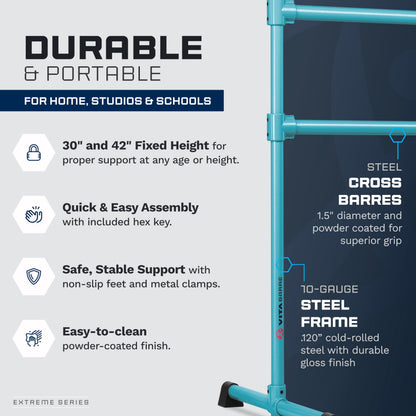 VITA Barre Portable Freestanding Double Ballet Barre, Extreme, 14 Ft Bars, Teal, Steel | Fixed Height, Made in USA, Home or Gym Exercise Equipment for Kids & Adults | Dance, Fitness, Pilates