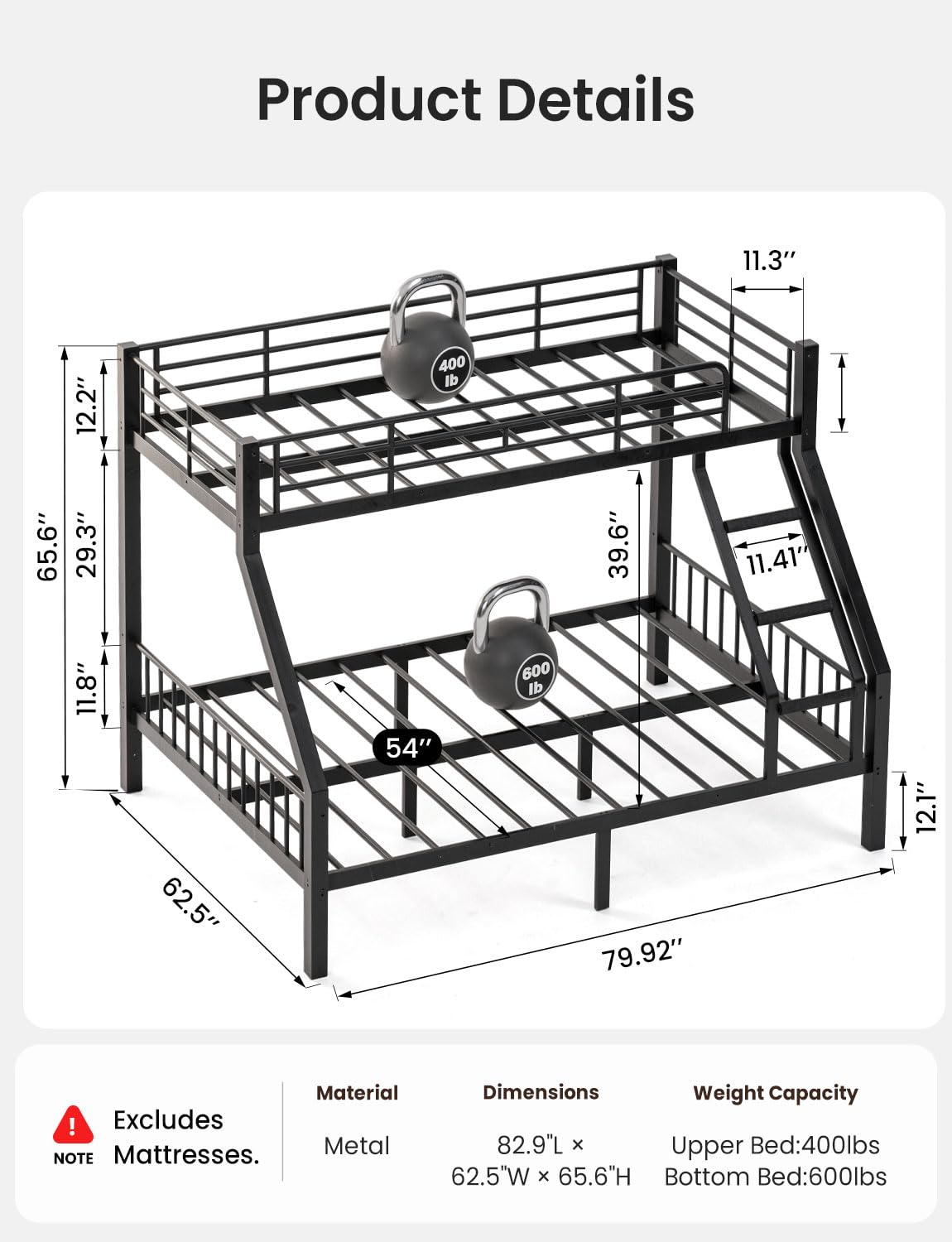 Mixcous Twin XL Over Queen Bunk Bed for Adults, Heavy Duty Metal Bunk Beds with Safety Guardrails & EVA Padded Ladder, Twin XL Over Queen Bunk Beds Frame with Noise-Free Slats, Space-Saving(Black)