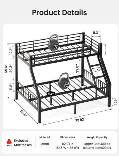 Mixcous Twin XL Over Queen Bunk Bed for Adults, Heavy Duty Metal Bunk Beds with Safety Guardrails & EVA Padded Ladder, Twin XL Over Queen Bunk Beds Frame with Noise-Free Slats, Space-Saving(Black)