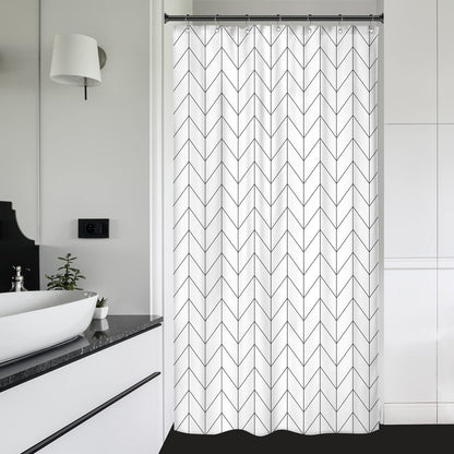 Riyidecor Small Stall White Black Half Single RV Camper Shower Curtain 39x72 Inch, Chevron Herringbone Geometric Decor