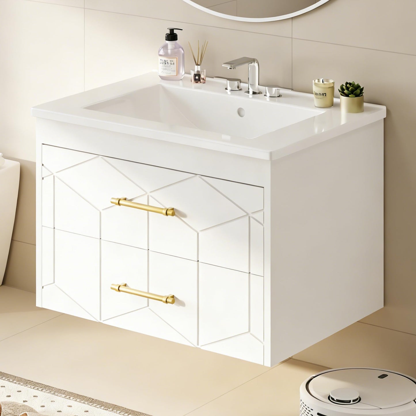 IDEALHOUSE Floating Bathroom Vanity with Sink 24 inch, Modern Bathroom Sink Cabinet, Ceramic Vanity Top, 2 Large Storage Drawers with Gold Metal Handle, Easy to Assembly, White
