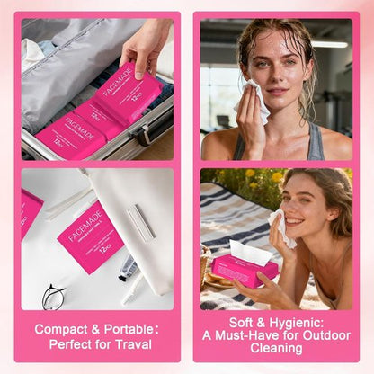 FACEMADE Disposable Travel Towels - 48 Count Biobased Face Towels | Super Soft & Thick for Outdoor Cleaning