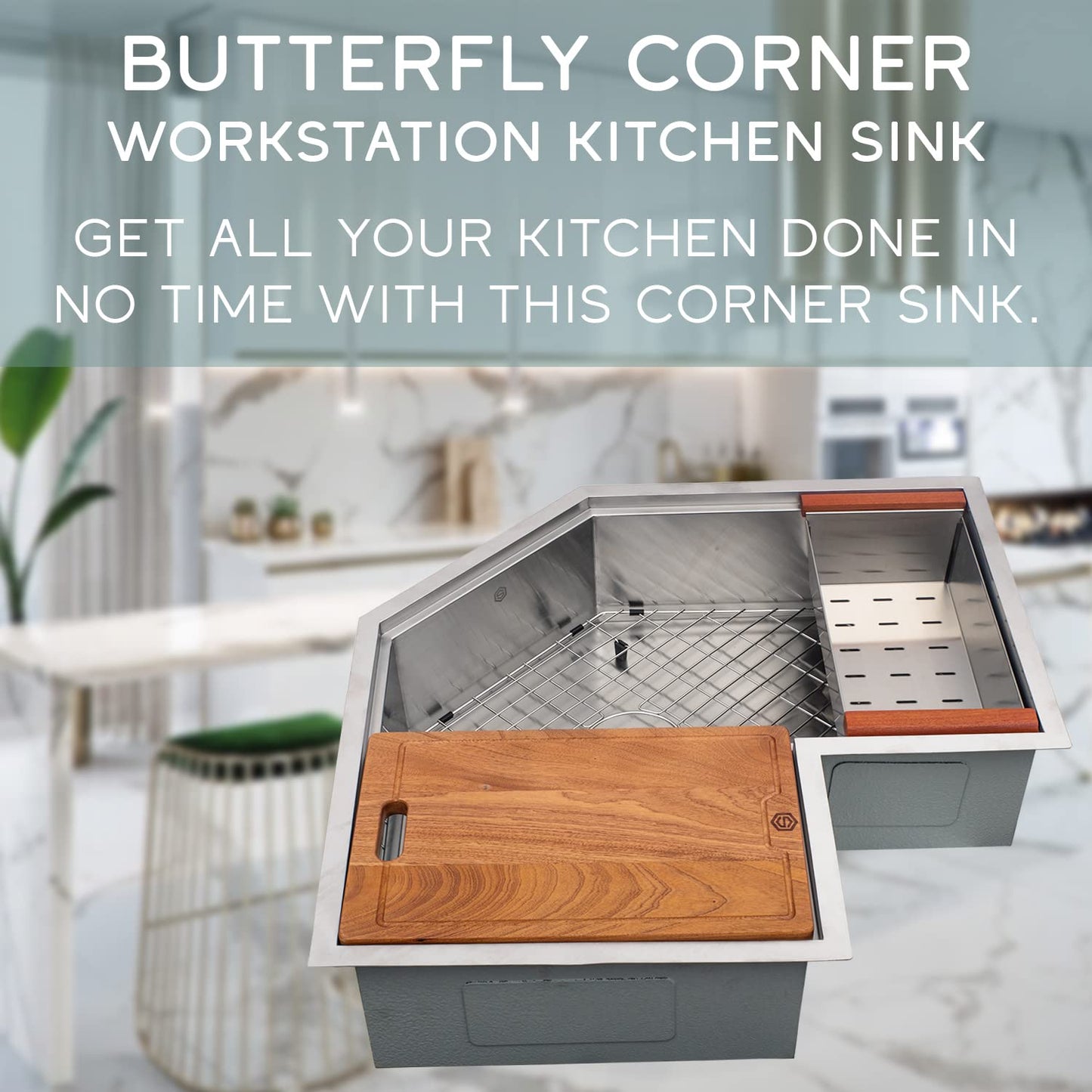 Strictly Sinks 30 Inch Corner Kitchen Sink Undermount– 16 Gauge Stainless Steel Butterfly Sink Undermount, Scratch & Stain Resistant Corner Single Bowl Workstation Sink with Accessories (Silver)