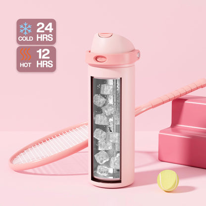 POWCAN 24 oz Insulated Water Bottle for Sports: 2-in-1 Lid with Push-Button Spout & Quick-Flip Straw, Leakproof, Car Cupholder Friendly, Stainless Steel for Gym, School, Travel (Cotton Candy)
