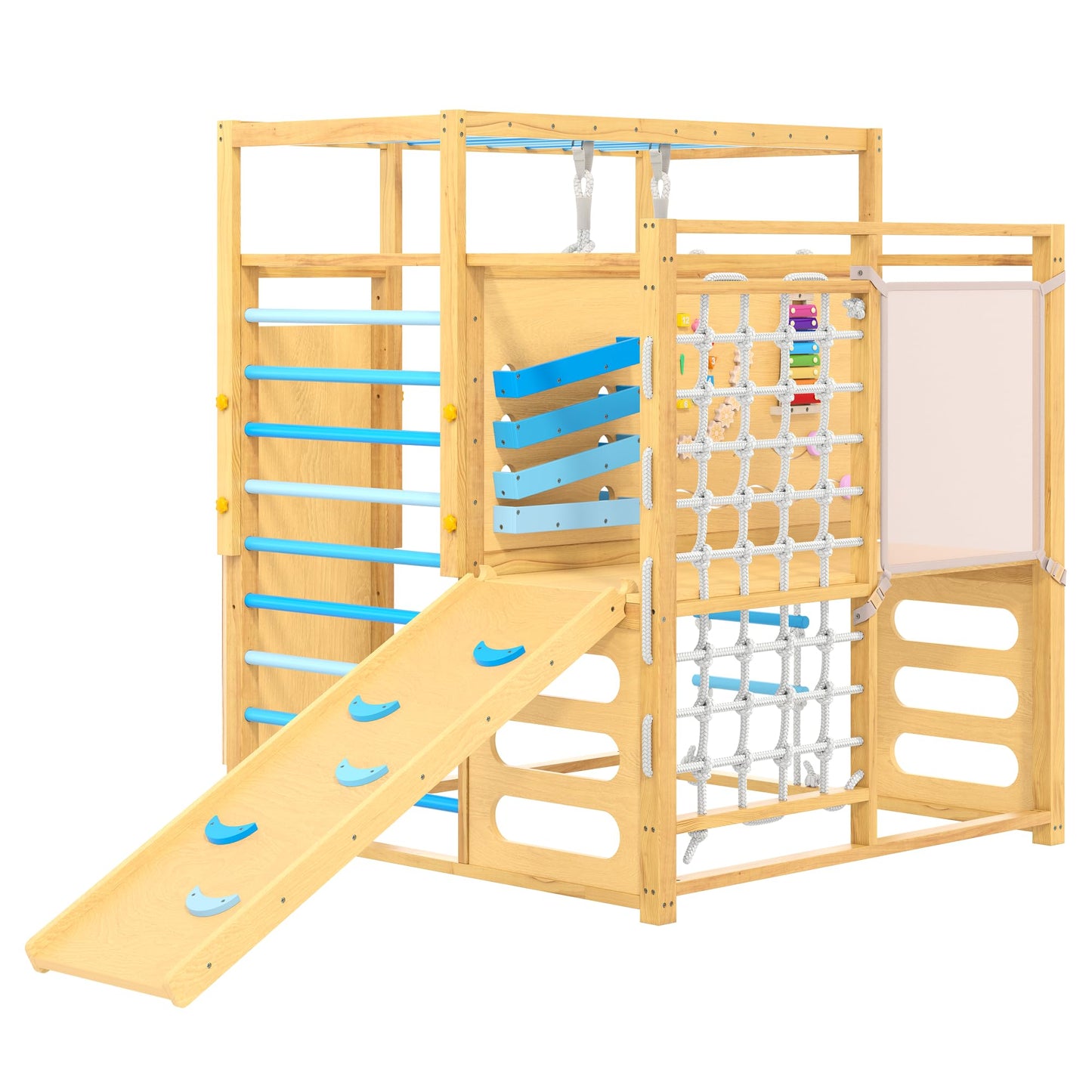 Garvee 9-in-1 Indoor Jungle Gym, Montessori Wooden Indoor Playground for Kids 2-8, Wooden Climbing Structure with Slide, Monkey Bars, Rope Ladder, Rock Wall, Climbing Net, Rings - Natural Wood Blue