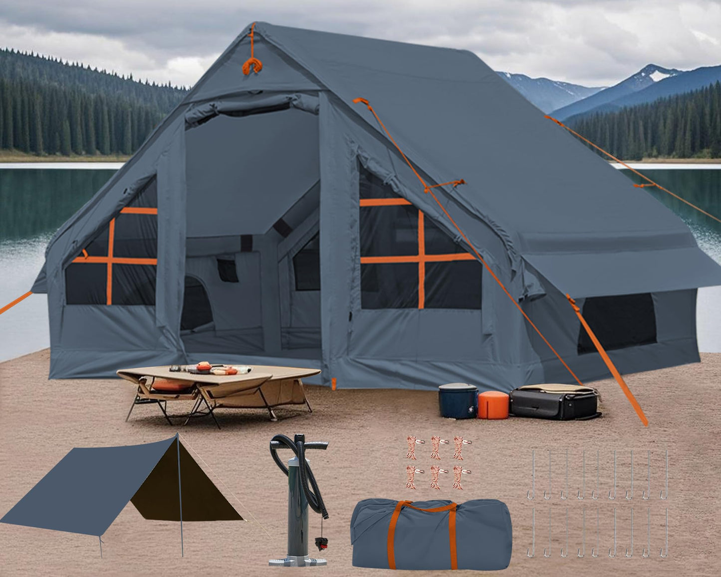 4-6 Person Inflatable Camping Tent, 9.8 * 7.2 FT Glamping Inflatable Tents with LargeTarps,2025 Update Zipper Door Easy Setup Blow Up Tents for Camping
