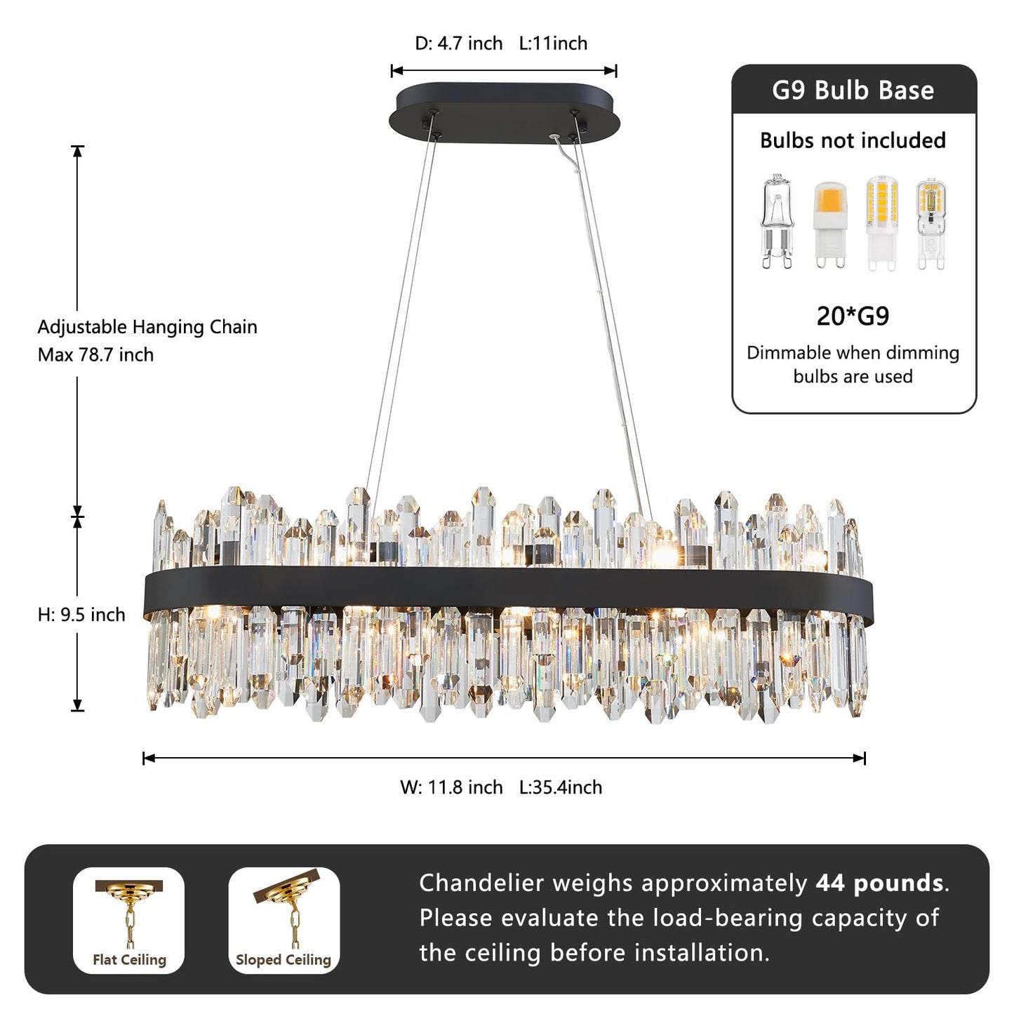 DUNFIZZ Modern Rectangular Crystal Chandelier, 20-Lights Black Raindrop Chandelier Lighting Contemporary Pendant Ceiling Light Fixture for Dining Room Living Room Kitchen Island L35.4''