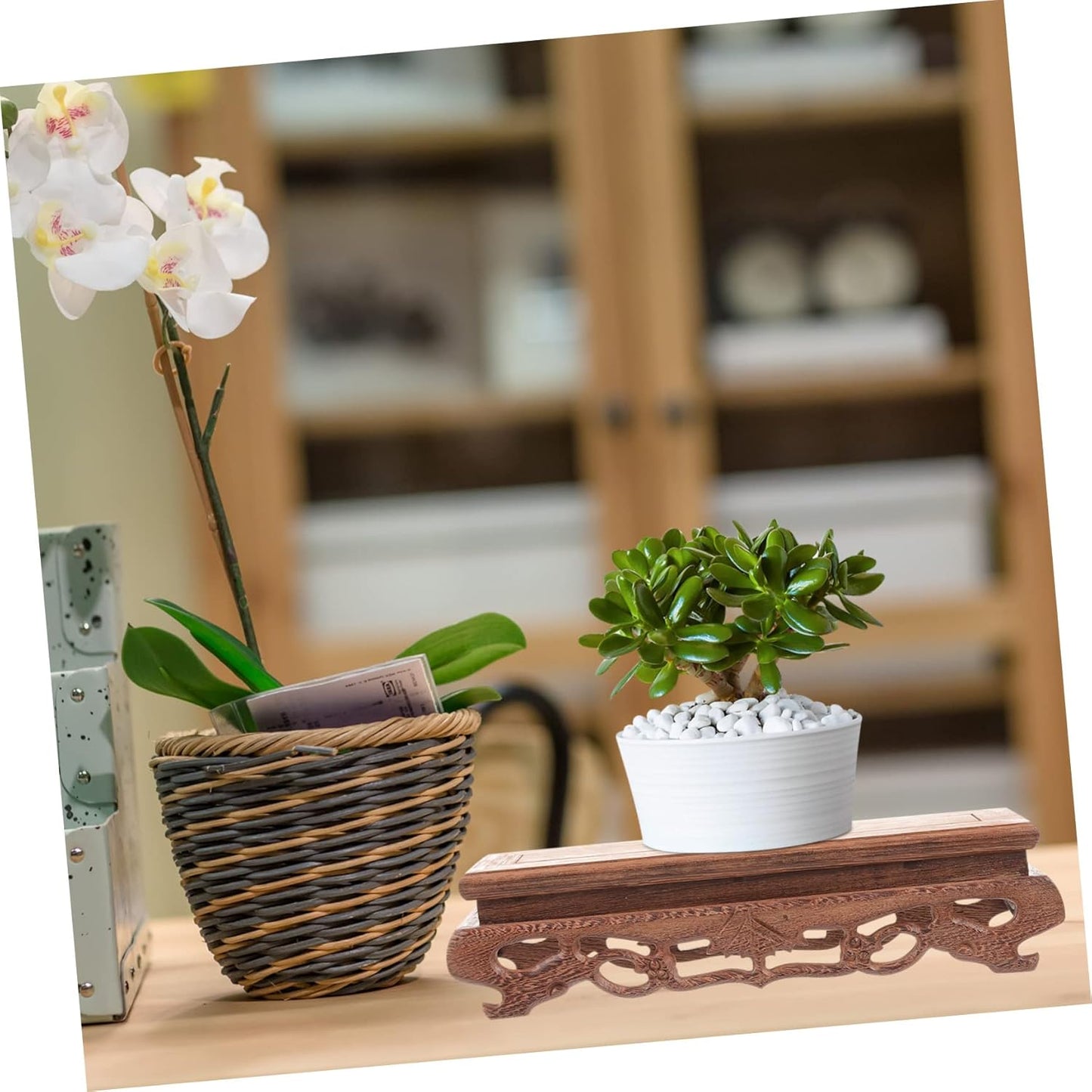 YARNOW Wooden Base Decorative Planter, Rectangle Flower Vase Stand for Home Plant Holder