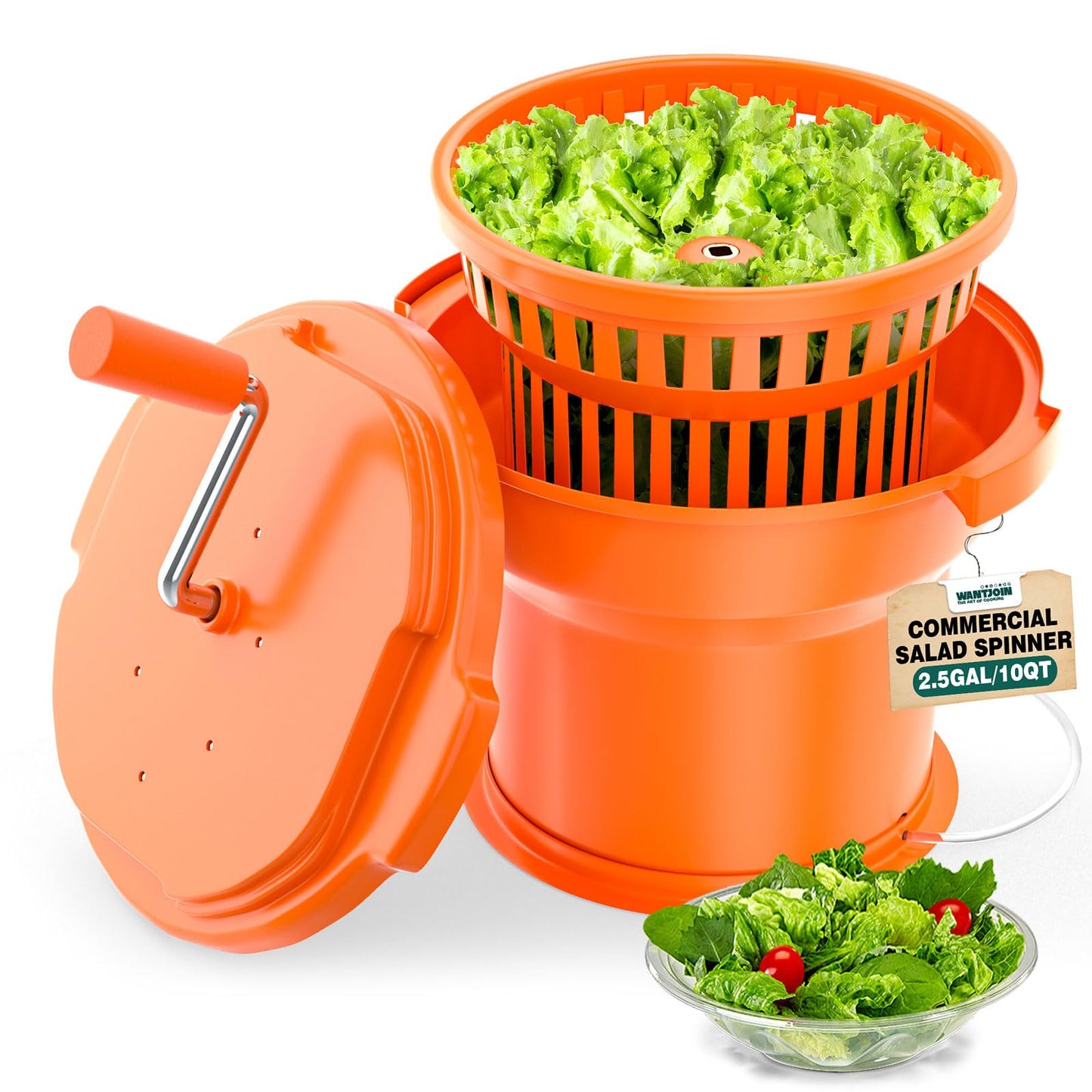 WantJoin Commercial Salad Spinner - 2 Gallon Salad Dryer w/Silicone Anti-slip Mat & Draining Hose, 10Qt Manual Salad Spinner for 3 Heads of Lettuce Spinner Large for Catering