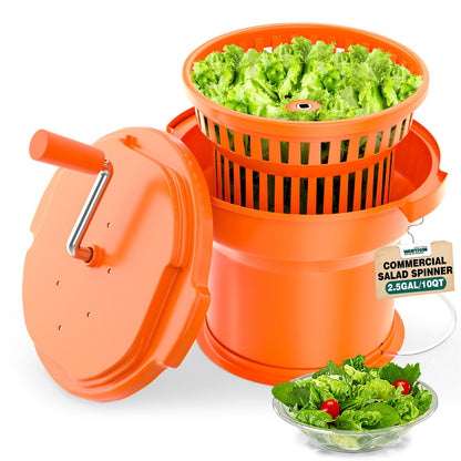 WantJoin Commercial Salad Spinner - 2 Gallon Salad Dryer w/Silicone Anti-slip Mat & Draining Hose, 10Qt Manual Salad Spinner for 3 Heads of Lettuce Spinner Large for Catering