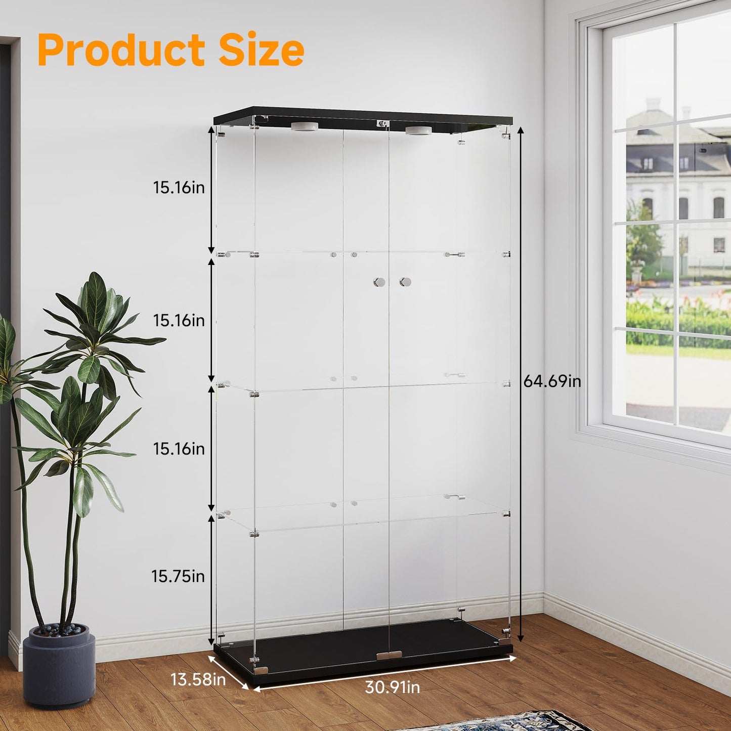 Zevemomo 4-Tier Tempered Glass Display Cabinet with Lights, Curio Cabinet with Glass Doors and Lock, Glass Display Case for Collectibles, for Living Room, Bedroom, Office, Double Door, Black