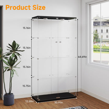 Zevemomo 4-Tier Tempered Glass Display Cabinet with Lights, Curio Cabinet with Glass Doors and Lock, Glass Display Case for Collectibles, for Living Room, Bedroom, Office, Double Door, Black