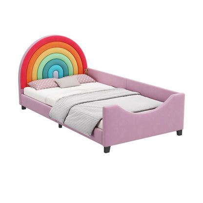 Merax Rainbow Design Velvet Upholstered Twin Daybed for Children's Room, Bedroom, Cute Style Metal Bed Frame with Solid Slats Support for Girls, Boys, Teens, No Box Spring Needed, Pink