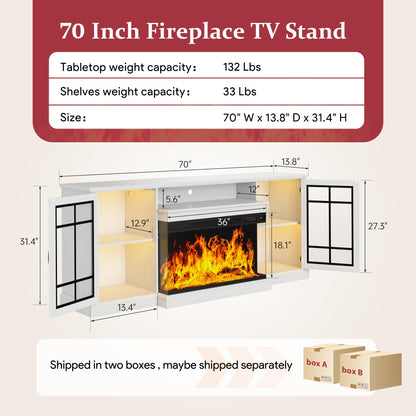 MXV 70'' Fireplace TV Stand, Farmhouse Entertainment Center with 3 Sided Glass TV Stand, Modern Media Console Table with Storage Drawers & Cabinets with LED Flame and Lights for Living Room, White