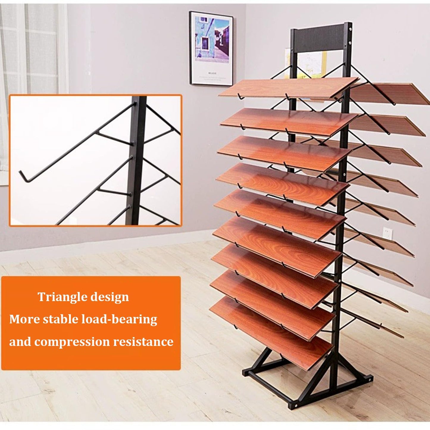 KOMFGT Metal Ceramic Tile Retail Display Rack,Wooden Floor Sample Holder Skirting Standing Slotted Flooring Display Shelf,Aluminum Gusset Skirting Sample Holder(Double-Sided18Pcs(Hookl305Mm))