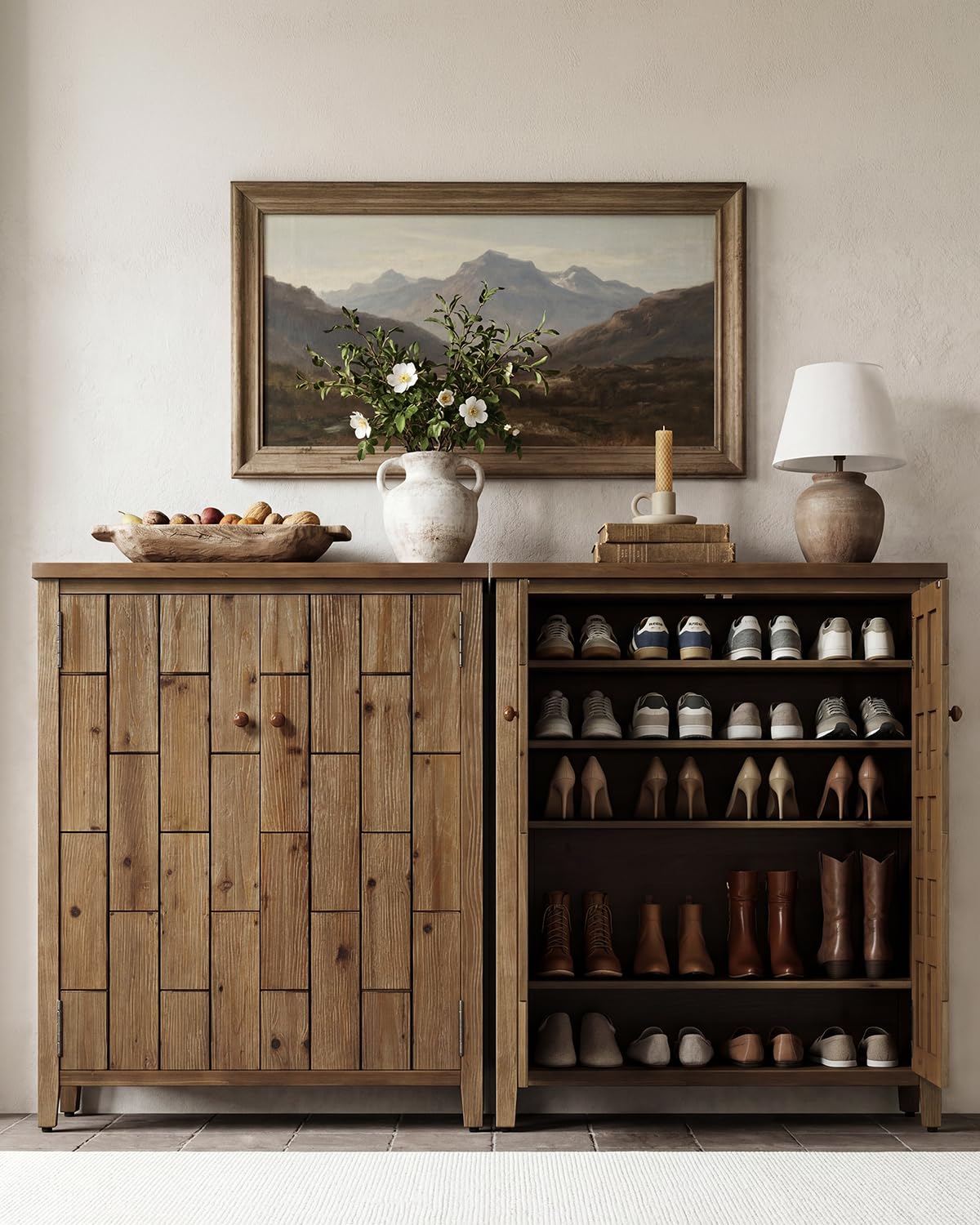 LITTLE TREE Solid Wood Shoe Cabinet with Doors, 6-Tier Tall Shoe Cabinet for Entryway, Farmhouse Freestanding Shoe Storage with Adjustable Shelves, Shoe Storage Cabinet for Entrance, Rustic Brown