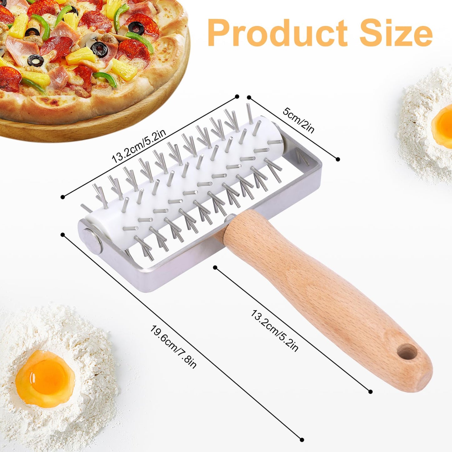 JuyVerq Pizza Dough Docker, Professional Dough Roller with Stainless Steel Spikes Wood Handle, Sturdy Pizza Docking Tool for Home & Commercial Kitchen, Time-Saver for Making Pizza Pie Pastry Bread