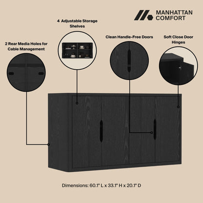 Manhattan Comfort Rivington Modern Sideboard Buffet Cabinet with Storage – 60" Media Console Table with Doors and 4 Adjustable Shelves for Dining Room, Living Room, or Entryway, Black