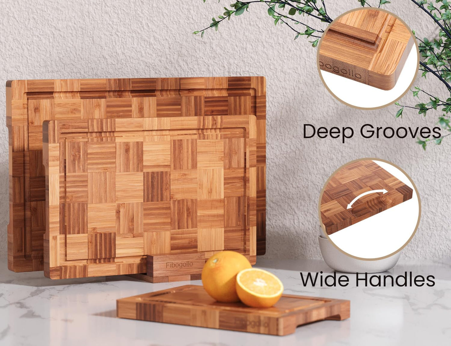 Fibogollo Bamboo Cutting Boards for Kitchen,Chopping Boards Set with Juice Groove,End Grain Bamboo Butcher Block,Serving Board with Holder(3 Pcs)