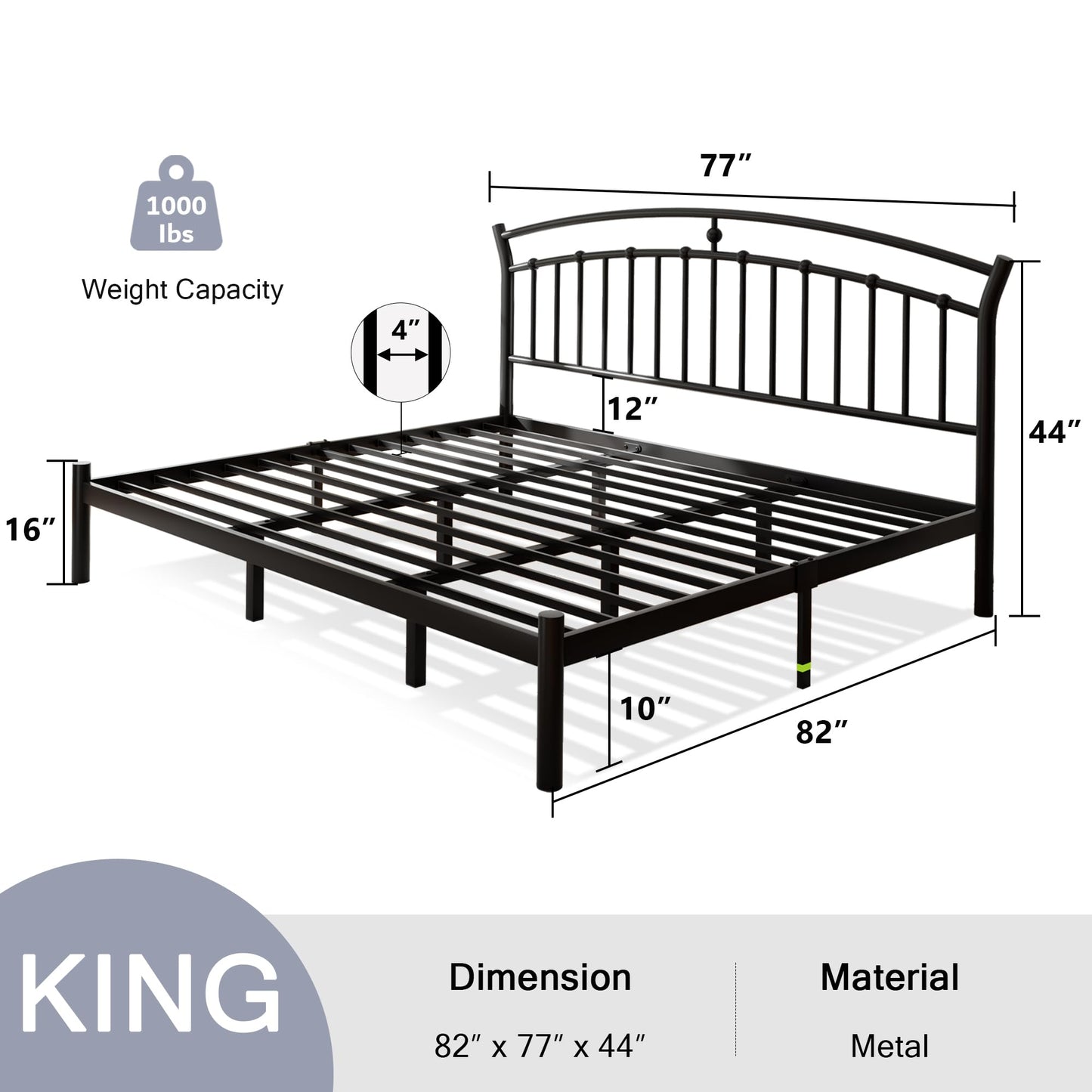 Einhomn King Size Bed Frame, Classic Black Metal Bed Frame with 12" Under-Bed Storage, Heavy Duty Steel Slat Support, Noise-Free, No Box Spring Needed, Easy Assembly