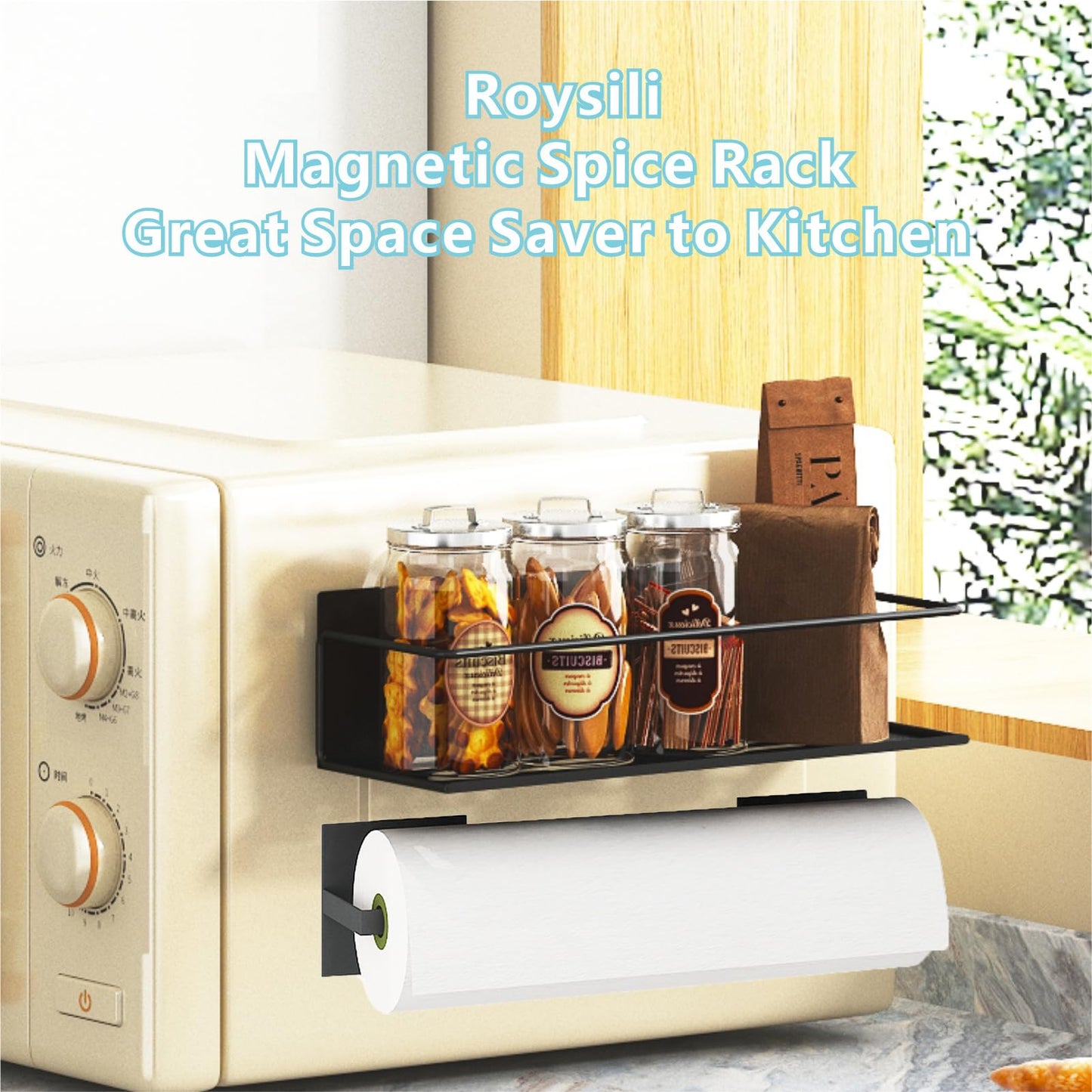 Roysili Magnetic Spice Rack For Refrigerator, Magnetic Fridge Shelf For Kitchen, Magnetic Shelf For Fridge Space Saving Black 4 Pack With Magnetic Paper Towel Holder