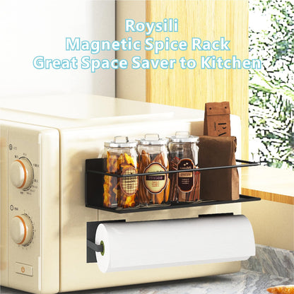 Roysili Magnetic Spice Rack For Refrigerator, Magnetic Fridge Shelf For Kitchen, Magnetic Shelf For Fridge Space Saving Black 4 Pack With Magnetic Paper Towel Holder